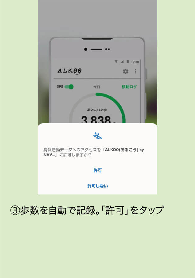 ③歩数を自動で記録。「許可」をタップ
