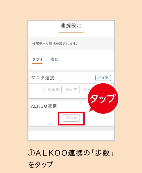 ⑩ＡＬＫＯＯ連携の「歩数」をタップ